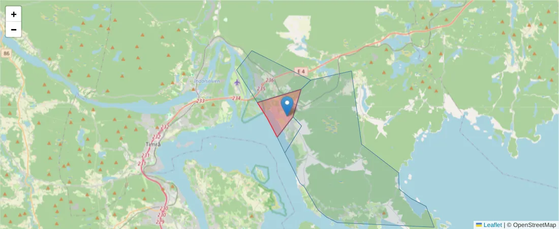 Karta över postnummerområdet  och angränsande postnummer i Sverige
