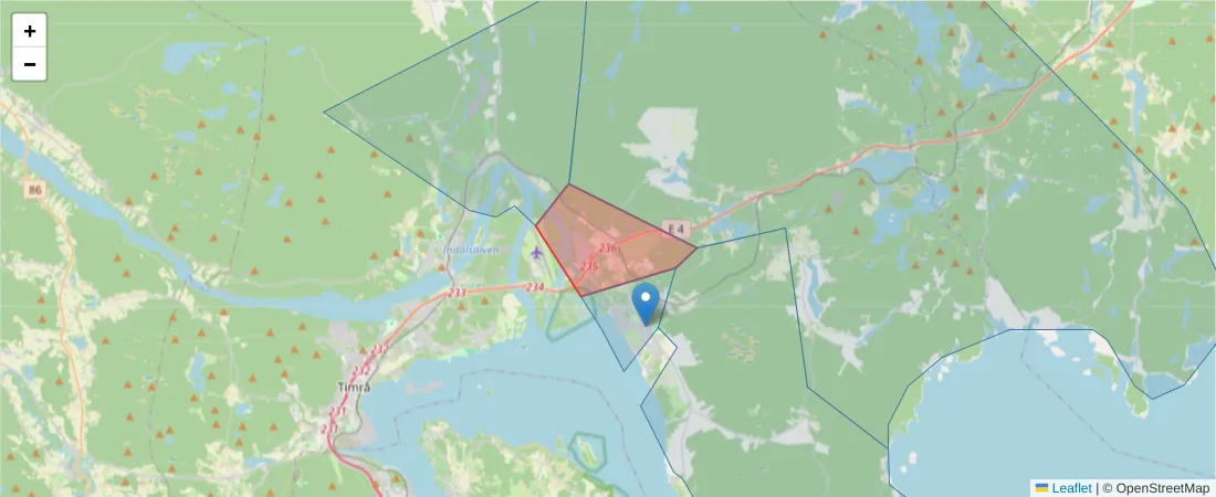 Karta över postnummerområdet  och angränsande postnummer i Sverige