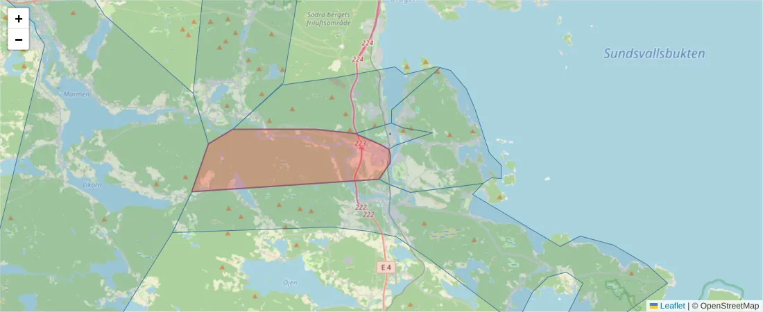 Karta över postnummerområdet  och angränsande postnummer i Sverige