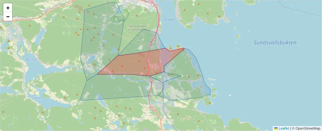 Karta över postnummerområdet  och angränsande postnummer i Sverige
