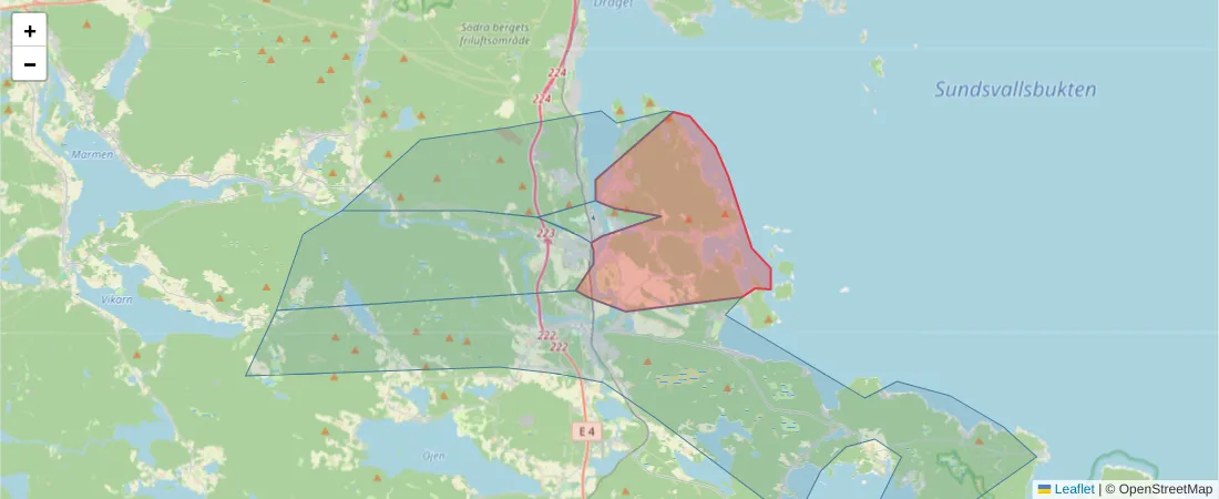 Karta över postnummerområdet  och angränsande postnummer i Sverige