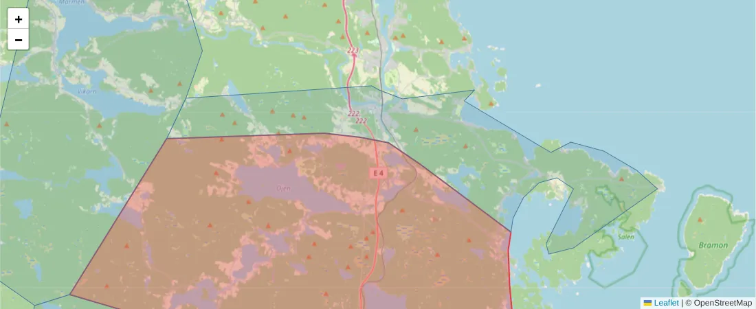 Karta över postnummerområdet  och angränsande postnummer i Sverige