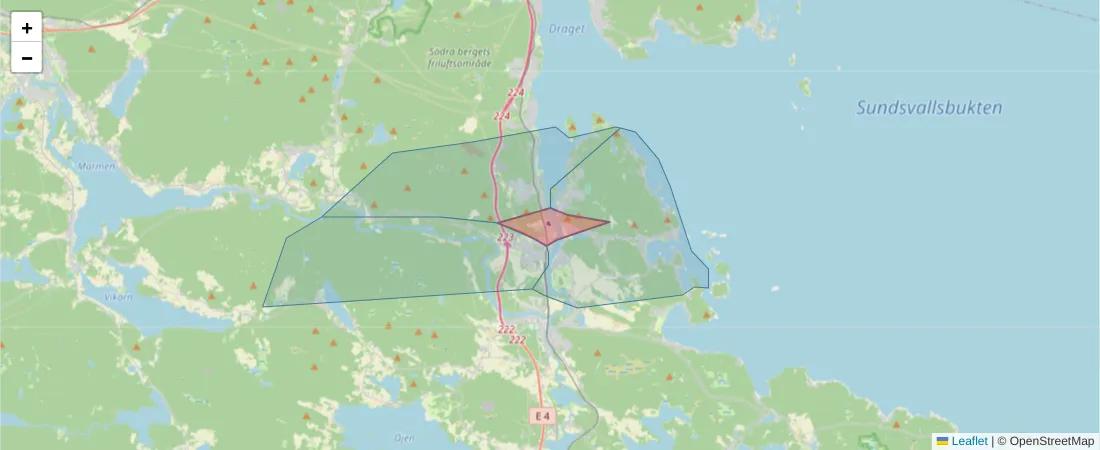 Karta över postnummerområdet  och angränsande postnummer i Sverige