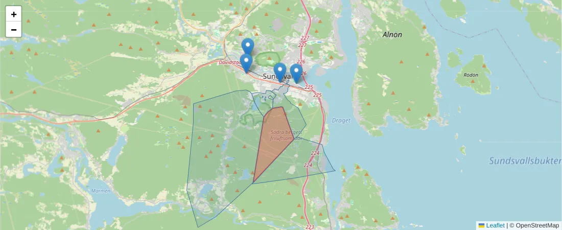 Karta över postnummerområdet  och angränsande postnummer i Sverige
