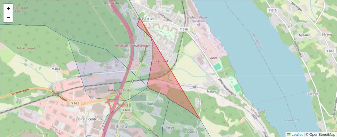 Karta över postnummerområdet  och angränsande postnummer i Sverige