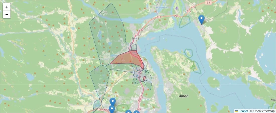 Karta över postnummerområdet  och angränsande postnummer i Sverige