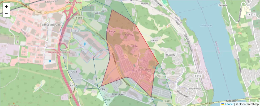 Karta över postnummerområdet  och angränsande postnummer i Sverige