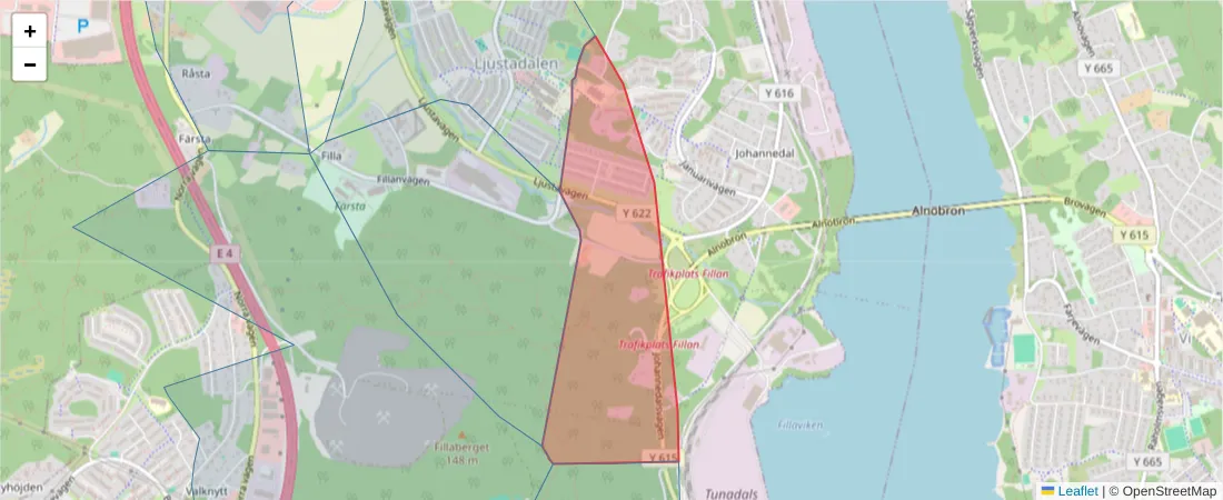 Karta över postnummerområdet  och angränsande postnummer i Sverige