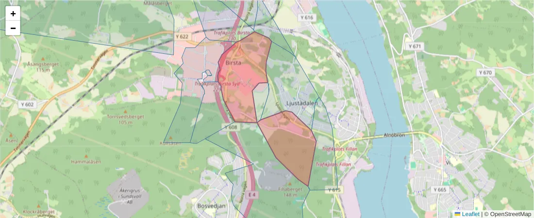 Karta över postnummerområdet  och angränsande postnummer i Sverige