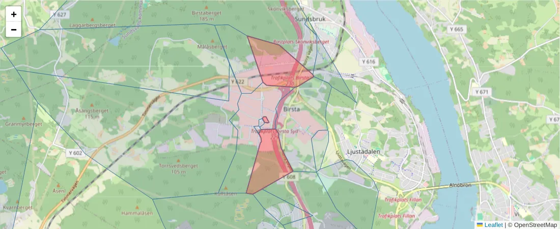 Karta över postnummerområdet  och angränsande postnummer i Sverige