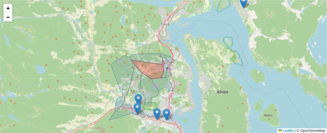 Karta över postnummerområdet  och angränsande postnummer i Sverige