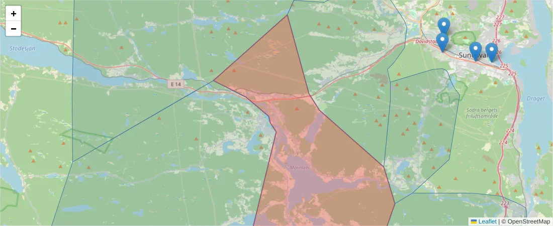 Karta över postnummerområdet  och angränsande postnummer i Sverige