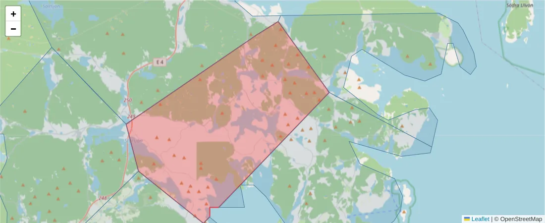 Karta över postnummerområdet  och angränsande postnummer i Sverige