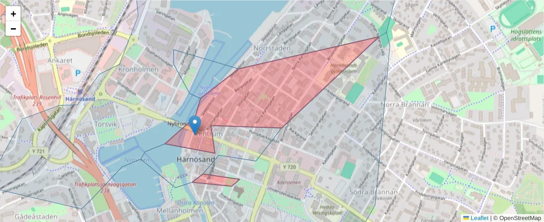 Karta över postnummerområdet  och angränsande postnummer i Sverige