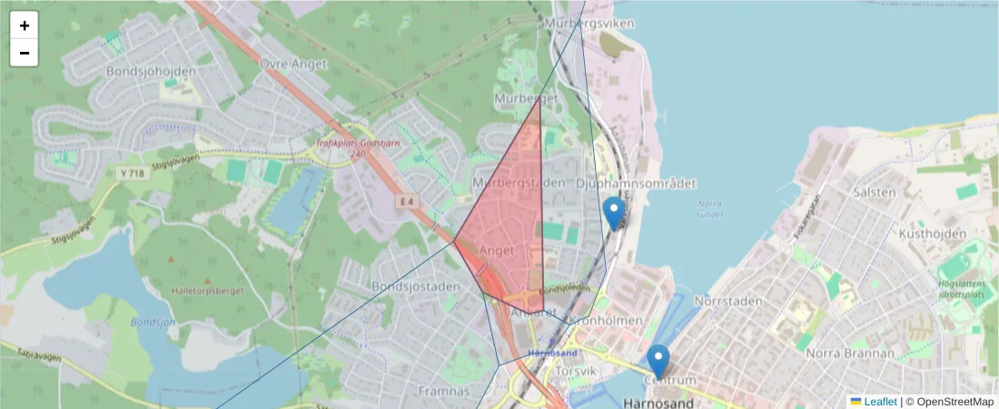Karta över postnummerområdet  och angränsande postnummer i Sverige