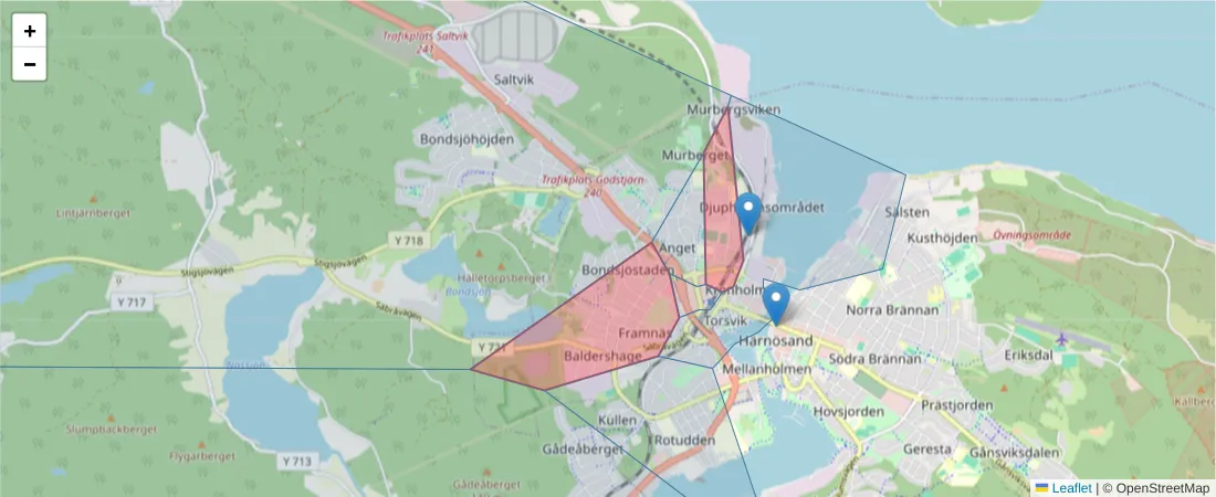 Karta över postnummerområdet  och angränsande postnummer i Sverige