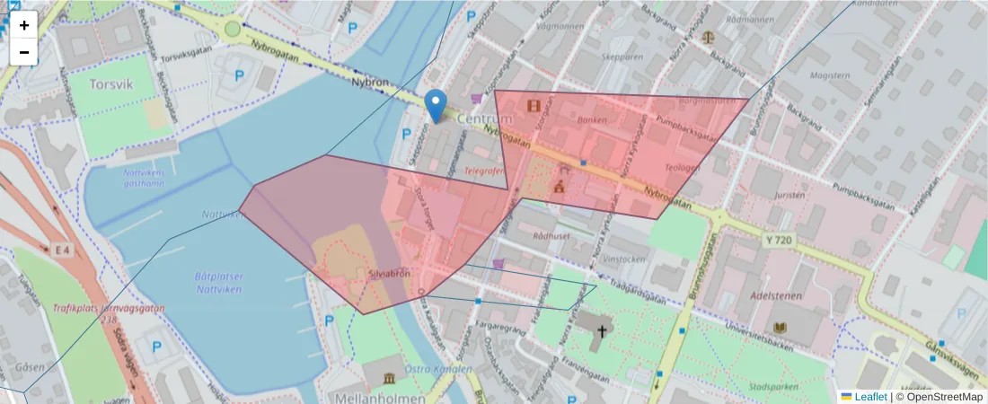 Karta över postnummerområdet  och angränsande postnummer i Sverige