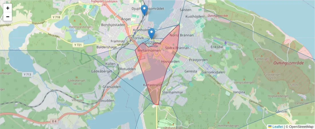 Karta över postnummerområdet  och angränsande postnummer i Sverige