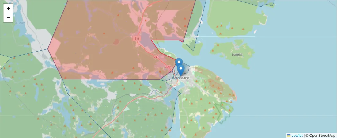 Karta över postnummerområdet  och angränsande postnummer i Sverige
