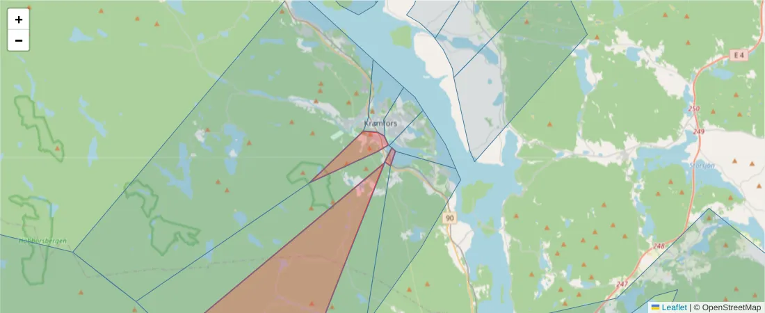Karta över postnummerområdet  och angränsande postnummer i Sverige