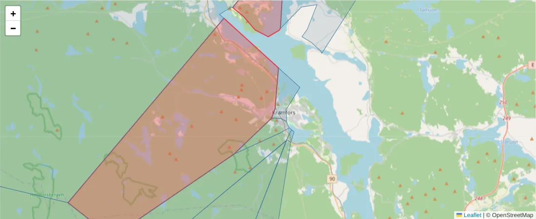 Karta över postnummerområdet  och angränsande postnummer i Sverige