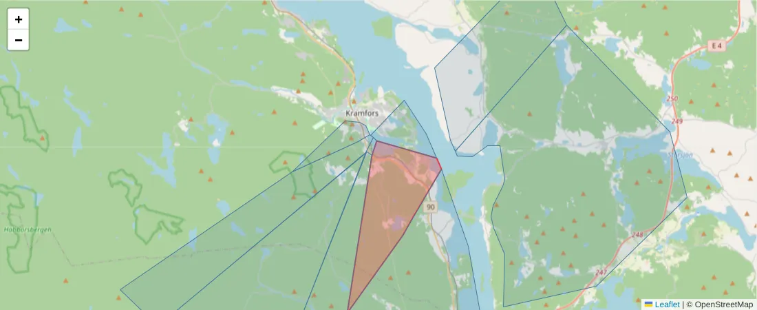 Karta över postnummerområdet  och angränsande postnummer i Sverige