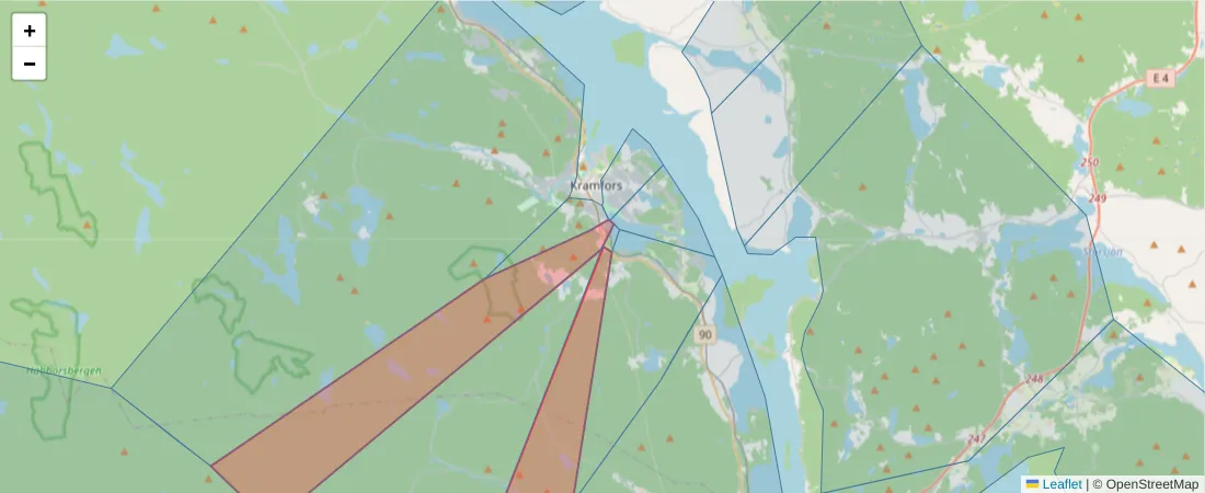 Karta över postnummerområdet  och angränsande postnummer i Sverige