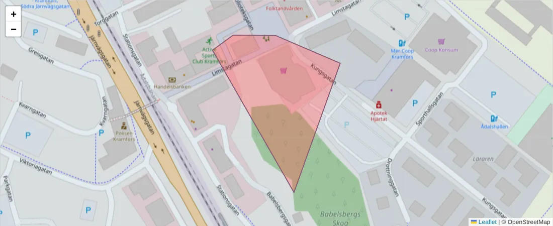 Karta över postnummerområdet  och angränsande postnummer i Sverige
