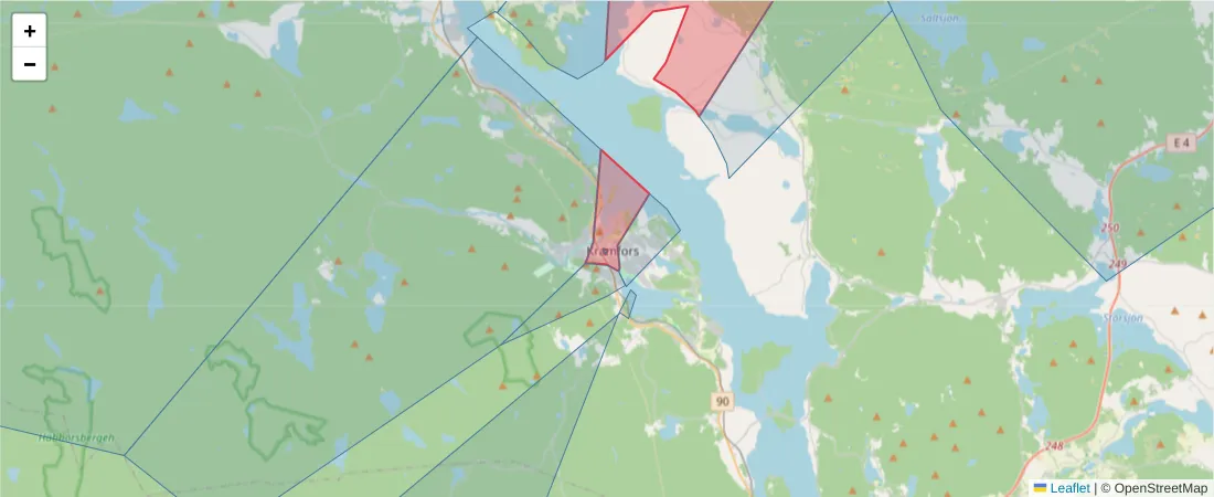 Karta över postnummerområdet  och angränsande postnummer i Sverige