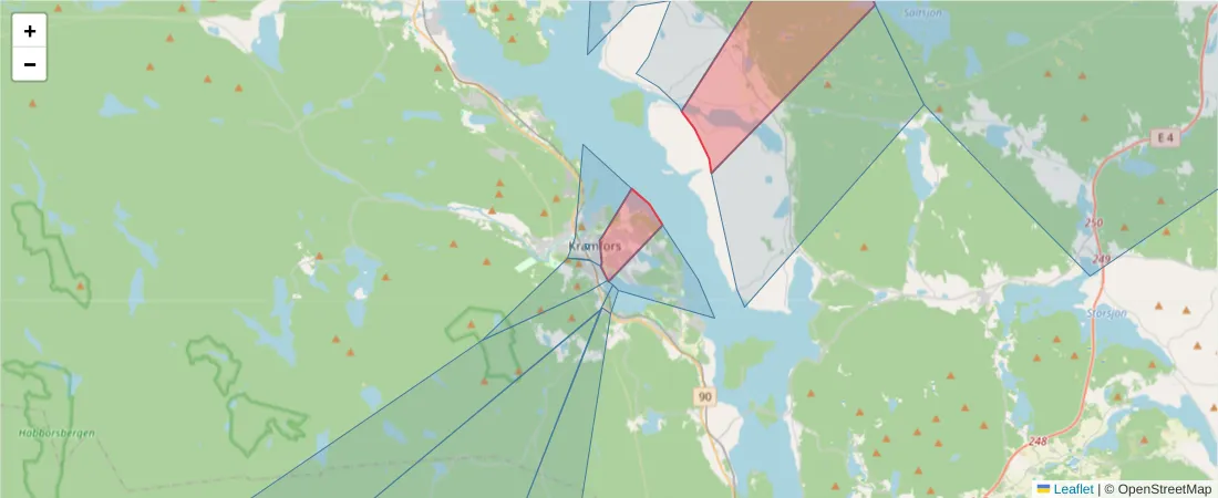 Karta över postnummerområdet  och angränsande postnummer i Sverige