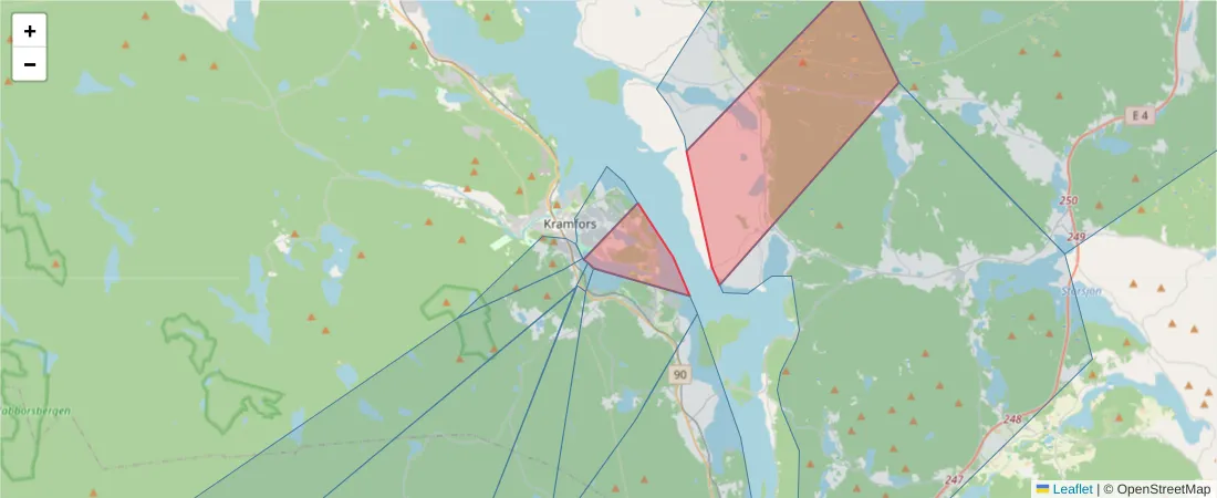 Karta över postnummerområdet  och angränsande postnummer i Sverige