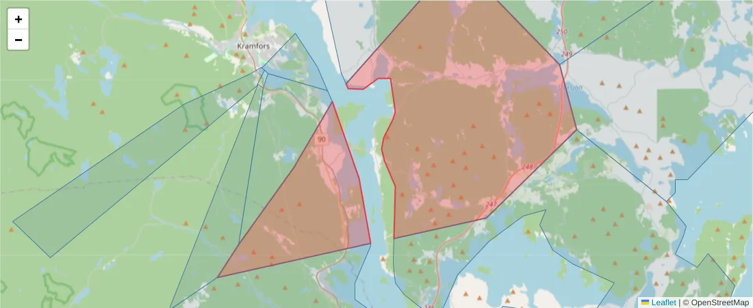 Karta över postnummerområdet  och angränsande postnummer i Sverige