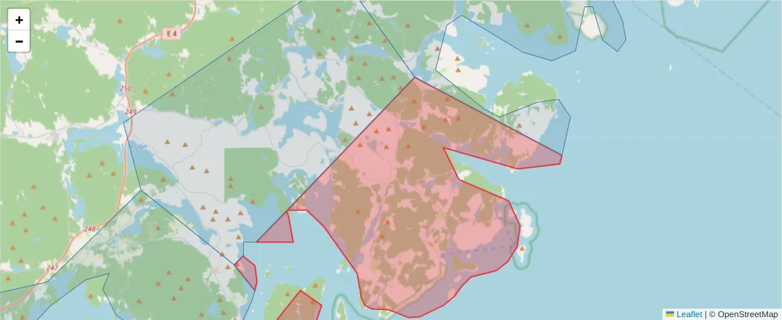 Karta över postnummerområdet  och angränsande postnummer i Sverige