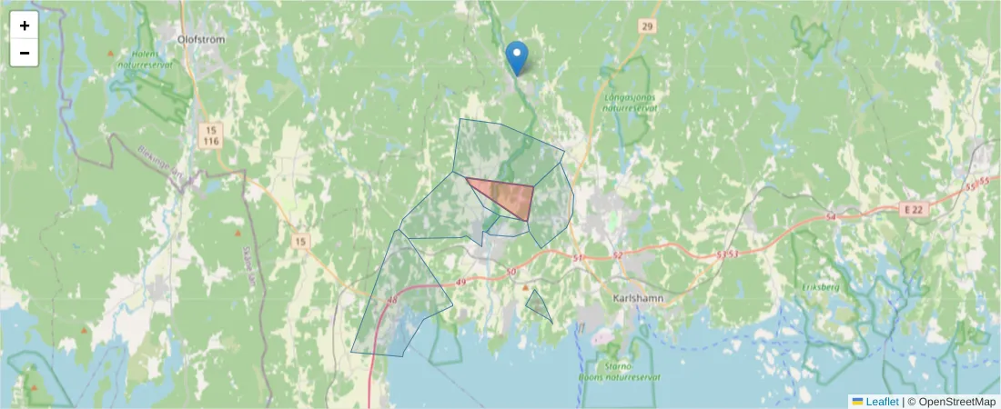 Karta över postnummerområdet  och angränsande postnummer i Sverige