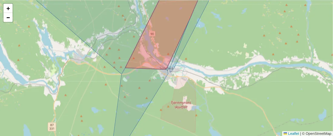 Karta över postnummerområdet  och angränsande postnummer i Sverige