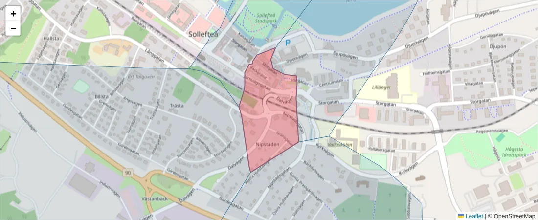 Karta över postnummerområdet  och angränsande postnummer i Sverige