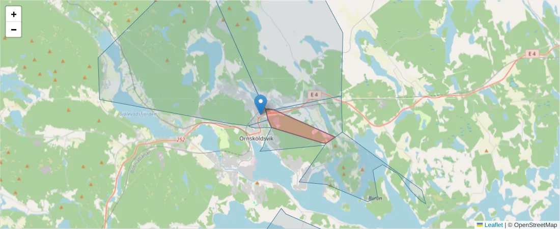Karta över postnummerområdet  och angränsande postnummer i Sverige