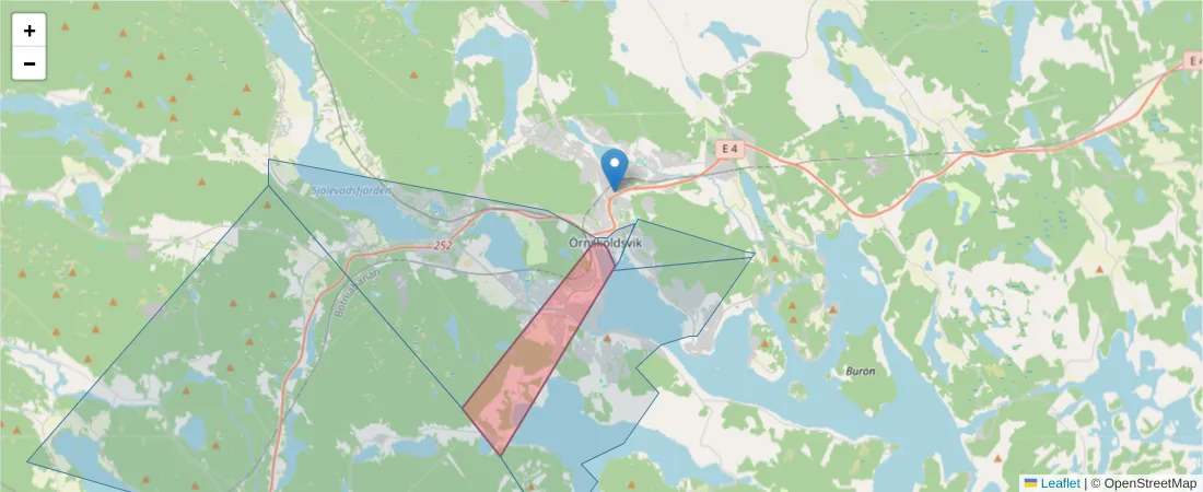 Karta över postnummerområdet  och angränsande postnummer i Sverige