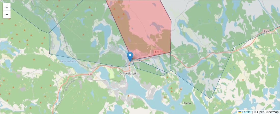 Karta över postnummerområdet  och angränsande postnummer i Sverige