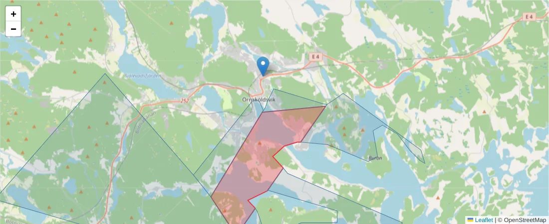 Karta över postnummerområdet  och angränsande postnummer i Sverige