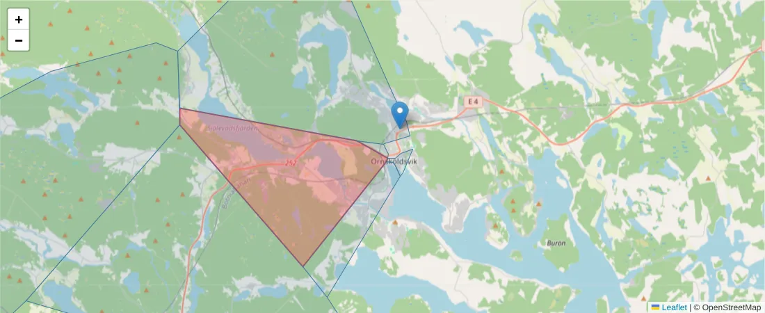 Karta över postnummerområdet  och angränsande postnummer i Sverige