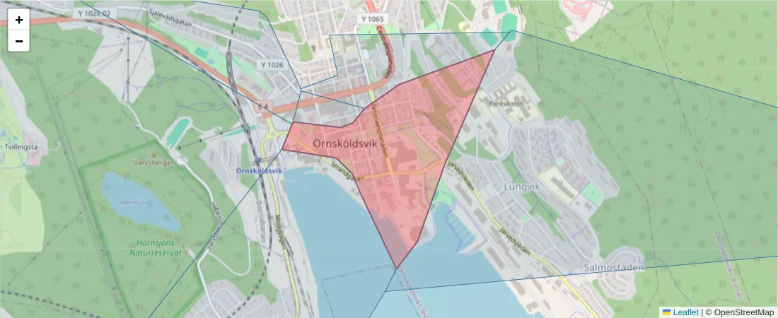 Karta över postnummerområdet  och angränsande postnummer i Sverige
