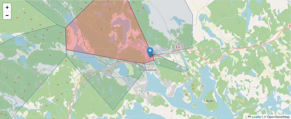 Karta över postnummerområdet  och angränsande postnummer i Sverige
