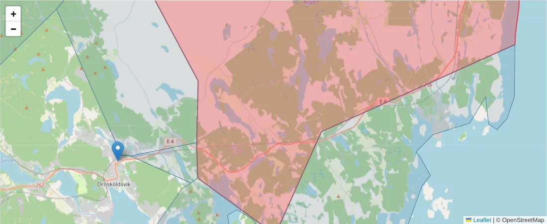 Karta över postnummerområdet  och angränsande postnummer i Sverige