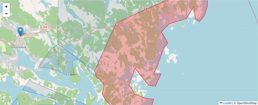 Karta över postnummerområdet  och angränsande postnummer i Sverige