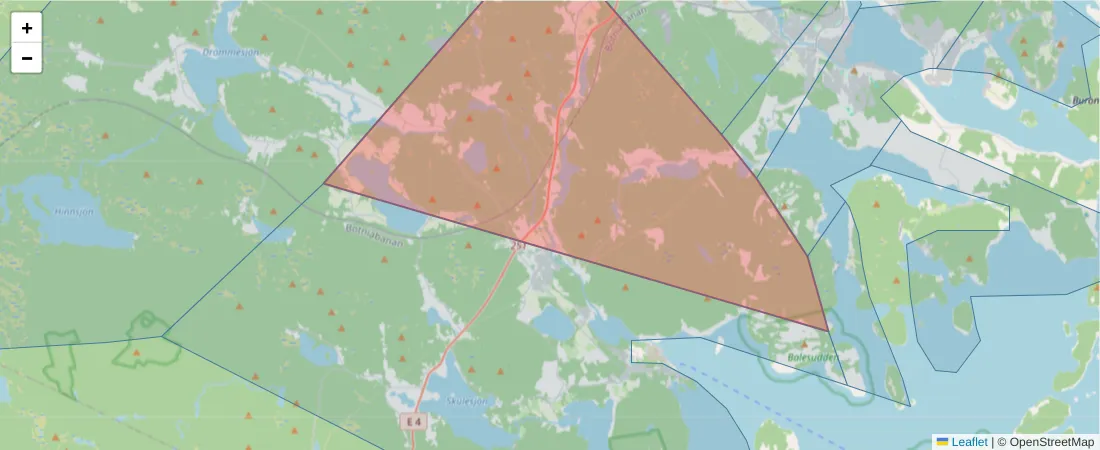 Karta över postnummerområdet  och angränsande postnummer i Sverige