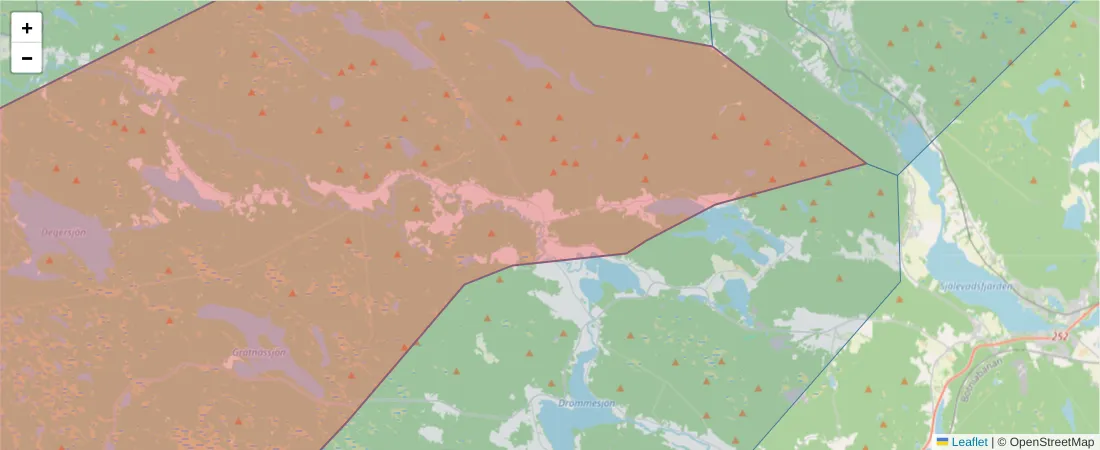 Karta över postnummerområdet  och angränsande postnummer i Sverige