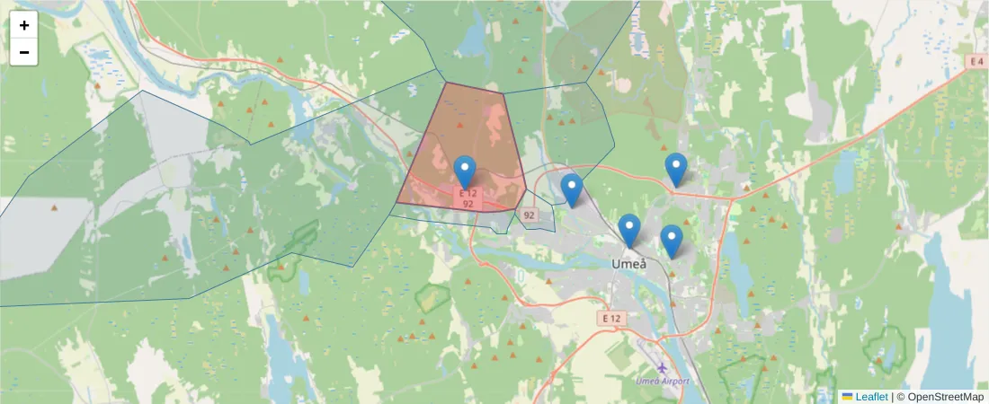 Karta över postnummerområdet  och angränsande postnummer i Sverige