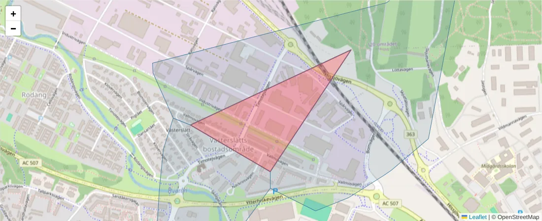 Karta över postnummerområdet  och angränsande postnummer i Sverige