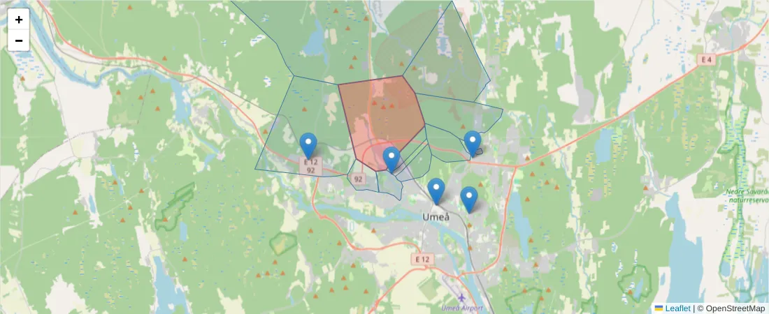 Karta över postnummerområdet  och angränsande postnummer i Sverige